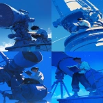 **Full-body illustration of a black-haired teenage character leaning against a giant telescope. He is holding an open book in his hands, calm and thoughtful posture. Blue-toned color palette, quiet and contemplative atmosphere. Clean composition, soft lighting, subtle sci-fi or observatory feeling. Anime-style character illustration, refined and gentle mood, clear silhouette --ar 2:3 --niji 6** - <@762679659153850410> (fast, stealth)