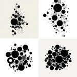 **Create a minimal abstract graphic composed only of solid circles. Circles vary in size from very small to medium, and are placed in a random, irregular distribution. Some circles appear isolated, others form loose, accidental clusters of two to four elements. There is no grid, no alignment, no symmetry. No center, no focal point, no recognizable shape. The composition should feel unplanned, like incidental marks or calibration dots. Flat, 2D graphic. No texture, no depth, no shading. Pure black circles on a white background.** - <@389249015331422210> (fast)