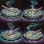 **The disco cigarette is completely covered in glittering mirror mosaic sitting on an ashtray, cigarette is bedazzled in a mosaic of small mirrors, violet metallic wrap filter, ash tray is a mosaic of tiny mirrors, mirrored surface of cigarette, mirrored surface of ash tray, portrayal of rising wafting smoke and mirrors, background is glitter black anodized with contrast silver and purple glitter flake, intimate product ad photography style --weird 123 --chaos 66 --s 666 --exp 69 --v 7.0 --ar 2:3** - Variations (Strong) by <@342505012569833472> (fast)
