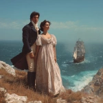 **photograph type picture of a gorgeously handsome man with dark hair and blue eyes dressed in Regency era clothing. He is standing on a cliff top with a beautiful woman also wearing Regency era clothing - empire line dress with high waist. They are holding hands and watching a sailing ship of the type like HMS Victory. It is sunny. They are happy --v 7.0** - Image #2 <@1160482508425658468>