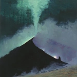 **fumarole eerie painting with a color scheme of monochromatic black and white with a pop of Color. The painting uses cross-hatching and palette knife techniques, inspired by analog horror, grunge Polaroids, ukiyo-e and retro Japanese horror. The mood is mysterious and unsettling --sref 90000042 680572301 3278139926 446107457 696968 73 --sv 4** - Image #3 <@948741381743083580>