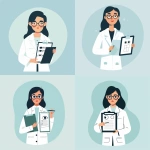 **Minimal flat vector illustration in EyeLife style, optometrist doctor with eyeglasses and lab coat, holding clipboard with simple eye chart icon, soft medical monochrome palette (#CBE3F5, #A3CAE8, #6EA7D8, #003366), abstract rounded blue background, no gradients or shadows, no skin tones, clean line-free vector composition, consistent with Customer illustration style, calm and sterile aesthetic --v 6.0 --ar 1:1 --raw** - Variations (Strong) by <@775301860293738506> (fast)