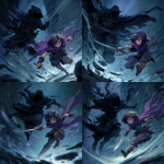 **anime art style , fantasy card art, a small female midget rogue in a purple cloak performing a feint in mid-combat his body blurs in motion as he fakes a slash to the left with a short sword, while slipping a hidden dagger low to the right. The towering fully cloaked enemy reacts to the wrong move, completely off-balance, eyes wide with surprise thrusting sword forward completely missing .The rogue has a sly grin on her face, glowing motion trails emphasize the misdirection. Cinematic anime-inspired style, dynamic angle, high detail, moody lighting.** - Variations (Strong) by <@189255832385486848> (fast)
-# Create, explore, and organize on [midjourney.com](<https://midjourney.com/imagine?from_discord=1>)