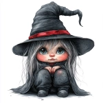**Gothic adorable female gnome. Wearing all black ,sliver and red. Her witches hat is pulled down over her eyes. Her little button nose just peeking out from under the hat. Fine line drawing, airbrush design, watercolor, realistic cartoon rendering illustration isolated on white background --v 6.1 --s 250** - Image #2 <@807465804512886785>