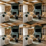 **editorial photo of a cozy moody traditional-modern living room with ribbed glass-fronted and oak ribbed shaker cabinetry with brass sleek cylindrical handles, an exotic forest green granite fireplace with bold veins, white modern sofa and accent chairs, large ribbed oak coffee table, beige knitted throw blankets and throw pillows, black ribbed round end tables, Natural oak plank flooring with a traditional light green rug, oak ceiling beams. ARRIFLEX 35 BL camera, high definition quality, Canon K35 Prime Lens, bright and airy --raw --ar 4:5 --v 7.0** - Variations (Region) by <@1230559318680670299> (fast)