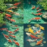 **kaleidochromic Japanese koi fish pond, natural setting, colorful koi fish swimming, crystal clear water; flat illustration; digital era --v 7.0 --ar 8:11** - <@1220222620444659733> (fast)