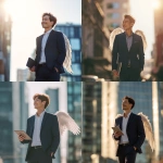 **cool Asian man with light brown hair in a dark navy suit, walking outdoors, holding an iPad, hand in pocket, smiling happily, big soft white wings on his back, low angle perspective, city business buildings blurred in the background, soft sunlight, warm tone, realistic, 4K** - <@427615579231485956> (fast)
-# Create, explore, and organize on [midjourney.com](<https://midjourney.com/imagine?from_discord=1>)