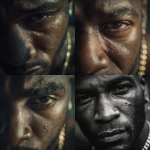 **Cinematic noir close-up of a Black man’s weary, defiant eyes. Subtle scars, skin imperfections, and deep emotion visible. Gold chain and tattoos only hinted in blurred detail. Lighting is harsh, shadow-heavy, with noir-inspired contrasts and subtle film grain. Raw, haunting, and unglamorous, like a freeze-frame from an indie neo-noir drama.** - <@1190437763850444862> (fast)
-# Create, explore, and organize on [midjourney.com](<https://midjourney.com/imagine?from_discord=1>)