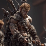 **Realistic 3d rendering. Epic battle scene. pregnant, Hyper muscular young elf with protruding stomach, handsome, tall, square jaw, short curly red hair, bright silver eyes, full bow-shaped bow-shaped, lips, defined muscles, vascular, freckles, pregnant belly, tattoos, square jaw, masculine features, handsome, short curly red hair, hyper oversized muscles, massive muscular arms, massive muscular biceps, massive muscular forearms, massive muscular legs, massive muscular thighs, massive muscular calves, hyper massive muscles, wearing leather armor, huge muscles, handsome, carrying large sword, running into battle. Realistic. --v 7.0 --ar 1:1** - Image #1 <@1222981214734913607>