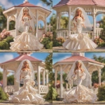 **a 1980’s Barbie doll in a wedding gown of satin and chiffon. The dress is mermaid style. The veil is simple and feminine. In the background is a beautiful gazebo. Ultra realistic, highly detailed, photorealistic. HD --v 7.0** - Variations (Strong) by <@1327691479602298971> (relaxed, stealth)
