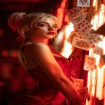 **Harley Quinn leaning against a wall of neon red signs, mischievous grin, red lipstick and smudged makeup, holding a deck of playing cards that scatter in the air, glowing red atmosphere, dramatic and suggestive, cinematic composition, space for lyrics --ar 9:16 --v 7.0** - Image #1 <@257221362568003584>