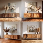 **a large sideboard with wooden doors and metal legs stands against the wall. above it is an abstract painting of flowers in neutral tones. on top, there's a vase with pampas grass, and a parquet floor. this is a modern interior design style, with a focus on home decor. --ar 51:64** - <@1313000520759377972> (fast)