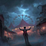**<https://s.mj.run/prtaYJlQqPI> match this picture and add a carnival ring master wearing a red vest and black suit with no face under his black top hat is welcoming you with his right arm to the creepy weird Lovecraftian carnival filling the background, as a front page art piece painting, --ar 8:11 --v 7.0** - Image #1 <@1035886146422583346>