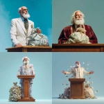 **a wealthy televangelist with an overflowing bag of money next tohim on the pulpit, medium shot, against a light blue background, photorealistic --v 7.0** - <@809605622495445044> (fast)