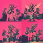 **japanses manga girls band reptilian 80s hair band wearing school dress background is stage with 80s feeling --niji 6** - Variations (Strong) by <@919678712226648134> (fast)