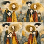 **whimsical photorealistic illustration of a fathers d mother with their girl and boy, father has black hair and a moustache, he’s wearing glasses, mother has curly blonde hair and she’s wearing glasses girl has dark brown hair and she’s wearing glasses, son has brown hair and is a little older and taller than the young girl --v 7.0 --p b3kgthr --s 750** - Variations (Strong) by <@520759084903956481> (fast)