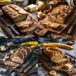 **Freshly baked cinnamon swirl banana bread sliced on a wooden board, visible cinnamon ribbons and moist crumb, banana slices baked on top, crumbs scattered, butter knife nearby, warm cozy lighting, comforting breakfast bread aesthetic --v 6.0 --ar 4:5 --raw** - <@1321895242076520463> (fast)