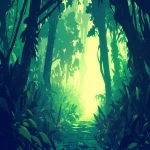 **flat cel-shaded style with bold clean linework, minimal jungle landscape, trees on both sides, leaves blocking out the sky, bits of light shining through, vines on trees, dense green foliage, natural pathway in the middle, greens and blacks in the jungle, loop animation friendly --ar 16:9 --niji 6** - Image #4 <@257221362568003584>