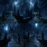 **<https://s.mj.run/RWBYgNNePAQ> Nighttime dark fantasy scene. A massive gothic castle stands on the far side, matching the architecture and atmosphere of the reference image. A long ancient stone bridge extends from the castle directly toward the camera, detailed with cracks, moss, and weathered medieval stone. At the front of the bridge, on both sides, two large dragon-head statues carved from aged stone, illuminated subtly by moonlight. Deep shadows, cold blue moonlight, drifting mist over the bridge, dramatic nocturnal atmosphere, cinematic depth, ultra-detailed, hyper-realistic, no text, --ar 16:9** - Variations (Strong) by <@806928260780261427> (fast)