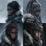**a female character, a dwarven woman, Dark gray skin, matted hair, charcoal tribal paint, intense eyes, in the style of an oil painting, high fantasy setting, winter attire,** - <@292486228132233216> (fast)