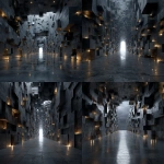 **Futuristic walls made of layered cubes, symmetrical perspective, towering walls covered with floating and embedded blocks of varying sizes, metallic textures, cyberpunk vibes, corridors with no end, volumetric lighting, dark sci-fi atmosphere, ultra-detailed, --s 250 --v 7.0** - Remix (Strong) by <@1057577968781762630> (turbo)
