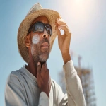 **construction worker wearing a wide-brimmed hat, sunglasses, and long-sleeved light clothing, applying sunscreen, working outdoors under strong sunlight, clear blue sky, protective gear visible, bright daylight, photorealistic style, warm color tones with high contrast shadows --ar 16:9 --v 7.0 --q 2 --s 50 --p puravvo --raw** - Image #2 <@908777820459794493>
