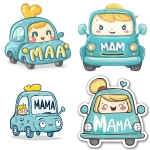 **A cute blue car with the word "MAMA" written on it, in a cartoon style, a simple drawing for kids, on a white background, a 2D design, a cute character design, a flat color illustration, with a cute, smiling face and yellow hair on top of the head. --v 6.0** - <@1106905564325351424> (fast)