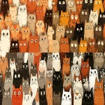 **a pattern of cats in the style of gemma correll, sepia palette with shades of orange and red, simple linework, bold outlines, playful expressions, close-up perspective, a large group of different cat breeds, all eyes looking at viewer. the background is filled with more cartoonish cats, all of them friendly-looking. high resolution vector art illustration, clipart isolated on pure solid clean white background, high definition, ultra realistic details, hyper detailed, cinematic photography, full body shot --ar 16:9** - <@409716268476923920> (fast)