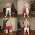 **A young handsome tan skinned white man with dirty blonde wavy short hair dressed in a Y2K Cholo gangster style, wearing a khaki long sleeve Dickies work shirt and extremely baggy, extra-long, 3XL plain long white and red Jordan basketball shorts. His shorts are very long and go down to his ankles and feet. He is wearing Nike Cortez shoes in his house by a Christmas tree --v 7.0** - Remix (Strong) by <@1061360796438900746> (fast)