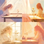 **A soft pastel romantic album cover illustration, delicate watercolor style. A gentle dreamy atmosphere with a young woman sitting near a wooden table by a window. On the table, a single white rose in a glass vase and a vintage envelope. Warm sunlight softly illuminating the scene. The woman's face is partially hidden by her flowing hair. The background shows a translucent curtain with subtle Indian patterns. The color palette is pastel pink, beige, and cream. Minimalistic, poetic, emotional, two-dimensional illustration. No text. --niji 6** - <@1212945075831836692> (relaxed)
-# Create, explore, and organize on [midjourney.com](<https://midjourney.com/imagine?from_discord=1>)