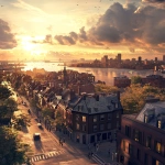 **What Boston looks like past, fascinating, 1900s, imaginative, realistic, photographic of the city of Boston, background Boston old city view, incredible, creative, 3d render, old Boston houses, Boston people in 1900s, chateau 3d render, sea view, sunset, distant view** - Image #1 <@782368052422508574>