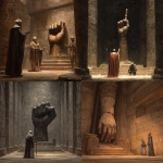 **dnd; room in an egyptian temple; a sculpture of a bronze forearm and clenched fist rises from the floor in the middle of the room; a shrivled egyptian high priest with pharoah garb stands next to the raised fist sculpture** - <@771747841559232613> (fast)