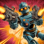 **scifi comic book style, classic robot, holding two ray guns, firing lasers, glowing eyes, colorful, scifi comic book style** - Image #4 <@186377350642925568>