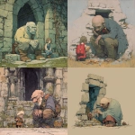 **a wrinkled, very old and grotesquely ugly man with a large child-like head, human-sized, lives in a ruin and guards a treasure, simple, muted colors, reinhardt michl, --v 7.0** - <@572882080099467274> (fast)