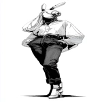 **A full-body black-and-white illustration in a vintage anime style. The person has long hair flowing down their back and is wearing an oversized shirt. Underneath, they are wearing tight dark-colored jeans and high heels. Their head is a rabbit robot. --ar 29:64 --v 7.0** - Image #3 <@852041915598635039>