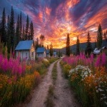 **vibrant wildflower garden along a rural dirt road at golden hour, dramatic fiery sunset sky with glowing magenta, orange, and purple clouds, cozy rustic cabins with reflective windows, surrounded by tall birch and pine trees, wide-angle lens, surreal lighting, vivid color saturation, deep shadows, cinematic scene, style photographic --v 7.0 --ar 16:9 --q 2** - Image #4 <@876267919003238460>