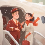 **Pilot and stewardess greeting people on the airplane steps, invite you into the salon, hospitality, cute commercial illustration in light white, beige, orange and bright red tones, add Christmas atmosphere and snow --v 7.0** - Upscaled by <@1178911175929499672> (fast)