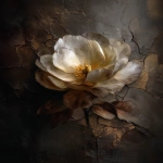 **dramatic Rembrandt and Caravaggio inspired oil painting on aged cracked canvas, a single elegant flower floating softly in baroque light, extremely deep chiaroscuro shadows, warm golden edge lighting, thick sculptural impasto texture covering the entire background (no visible canvas), heavy layered paint with antique gold accents, refined classical realism, rich baroque atmosphere, subtle smoky vignette, museum-grade fine art detail, emotional stillness, no frame, no text, no watermark, no signature, no artist signature, no initials --ar 4:5 --v 7.0 --q 2 --raw** - Upscaled by <@1313398896784834591> (relaxed, stealth)
