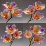 **photograph and ultra high resolution photograph of a stem of orchid blooms. Use a delicate and transparent liquid glass sculpture and texture. Keep its shape and silhouette recognizable with no deformation or twists. Ensure the orchids are designed with a glass like appearance that is pristine, strong, iridescent and reflective and crystal clear. Use vivid rainbow flares and refractions of light that catch the eye at the edges and curves. The glas surface should be uniform and have a light and neutral gray tone. Ensure soft edged light is used and a simple white background can be distinguished behind --ar 4:5 --raw --stylize 600 --c 18** - Variations (Strong) by <@1083674863752978512> (fast)