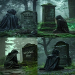 **Dark, moody fantasy scene in a misty rain-soaked forest graveyard, cinematic lighting, sorrowful atmosphere, heavy rainfall falling softly, muted green tones, blurred trees in the background. A weathered gravestone covered in moss clearly carved with "Sam Cortland, beloved" as a nameplate. In front of it, a woman kneels with her back turned, facing slightly to the left toward the gravestone. She is completely covered in a large textured black cloak with the hood up, the cloak pooling around her on the ground and covering her feet and hands, medieval and realistic fabric, not shiny. No face, no hands, no feet visible only faint wisps of blonde hair slipping out from the side of the hood. Dark and gloomy cinematic atmosphere, painterly realism, emotional and atmospheric sorrowful vibe. cartoon, anime, 3D render, CGI, illustration, painting, doll-like, plastic skin, glowing eyes, bright colors, modern clothing, rain jackets, armor, weapons, visible face, visible hands, visible feet, distorted gravestone text, oversaturated, cheerful tone --ar 2:3 --v 6.0 --raw** - <@1244098075421708410> (relaxed)
-# Create, explore, and organize on [midjourney.com](<https://midjourney.com/imagine?from_discord=1>)