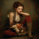 **<https://s.mj.run/VqNbEz91kqM> a painting of a sad, angry, elegant woman sitting on the ground holding flowers in her hands, provocative fashion, blue eyes, brown leather boots, by jessica drossin and vermeer, provocative fashion, detailed atmospheric portraits, red canvas pants, fine art, detailed brushstrokes, textured background, victorian-inspired illustrations, full figured, colorful moebius --ar 4:5 --iw 0.6 --chaos 12 --v 7.0** - Upscaled by <@988364629556199494> (fast)
