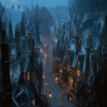 **Aerial view of a small English wizarding village, Godric’s Hollow, seen from afar at night in 1981. The wind blows through leafless trees, moving the mist slowly over the hills. Below, the village streets are made of wet cobblestone, reflecting the warm, flickering lights from the windows. Carved pumpkins with crooked smiles sit by the doors, paper spiders and bats hang from shop windows. The mood is calm, nostalgic, and magical, with soft Halloween decorations. Cinematic illustrated style inspired by Vladislav Pantic, painterly textures, warm lighting, subtle glow, detailed composition, mahogany tones and atmosphere. --ar 16:9 --v 6.0 --chaos 10 --raw** - Image #3 <@1135636698060038216>
