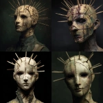 **a front facing mannequin with a few different sized spikes coming from its face, the mannequin has cuts and damage all over its face, male figure, stitches on face, tattered and torn details, dark eyes, very dark background, dark green colors, high detail, horror inspired --v 7.0** - <@702122213033246720> (fast)