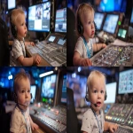 **a baby wearing a clearcom headset and sitting in front of a video switcher, photograph, --ar 16:9** - <@960702118686244966> (fast)