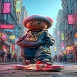 **a chibi figure inspired by Kinopio, walking confidently through a lively modern city street, wearing stylish hip-hop fashion with oversized hoodie, baggy jeans, gold chains, and authentic NIKE Air Jordan sneakers, vibrant urban background with graffiti walls, neon signs, and bustling crowd, anime-style illustration, vertical composition, highly detailed --v 7.0 --ar 9:16 --oref <https://s.mj.run/xKRYl9AmtcQ> --ow 200** - Image #3 <@1112784568303497357>
