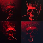 **A dark red skull with a crown and a cigarette, illuminated by a black light. This image could be used as album cover art, evoking a sense of horror and a dark, cinematic atmosphere with a minimalistic design. --ar 92:93 --v 6.1** - <@699706172105556009> (fast)