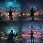 **a carnival ring master with tentacles for his head under his black top hat is welcoming you to the creepy weird Lovecraftian carnival at night, dynamic angle, as a front page art piece painting, --ar 8:11** - <@1035886146422583346> (fast)