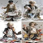 **hyper-realistic illustrations, The Magician tarot card. The image depicts a young man with a cloak and shirt holding a small stick with his right hand while his left hand pointing down, an infinity symbol above his head, he is standing behind a table, there are a coin, a wand a sword and a cup on the table, many flowers around him. --ar 7:12 --profile xklskav** - <@409716268476923920> (fast)