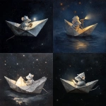 **A white folded paper boat sails through the night sky. In the boat is a silver-furred mouse wearing a folded paper cap and holding a silver sextant. The boat gives off a glowing aura. The background is a starry sky against a dark void. Ammonite amanita Highly realistic painting. --v 7.0** - <@1004897810543554640> (fast)