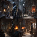 **a suit of platemail armor in a blacksmith shop with a forge and ore, D&D art --ar 5:3 --v 7.0** - <@632328592499539989> (fast)